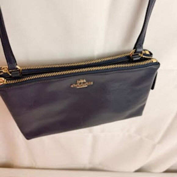 Coach Leather Crossbody Double Zip Bag Navy Blue with Gold Hardware - Picture 4 of 10